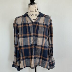 Free People Plaid Button Down Shirt Long Sleeve Ruffle Hem Taupe Blue S